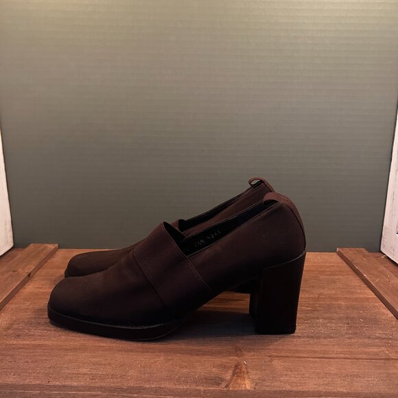 Donald J Pliner Womens Loafer Brown Fabric Block Heels Square Toe Slip On 7.5 - Picture 4 of 10